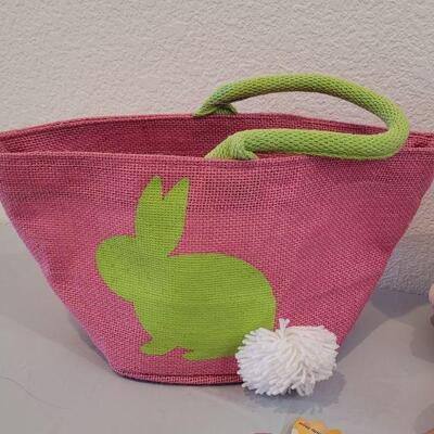Lot 243: New Hallmark Bunny Purse Basket filled with Hallmark Bunny Earrings, Bunny Coin Purse, Lip Balm, Golden Egg with a Scarf and...