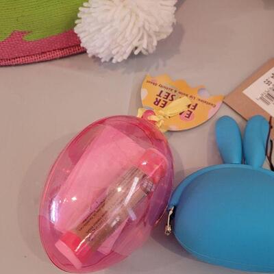 Lot 243: New Hallmark Bunny Purse Basket filled with Hallmark Bunny Earrings, Bunny Coin Purse, Lip Balm, Golden Egg with a Scarf and...