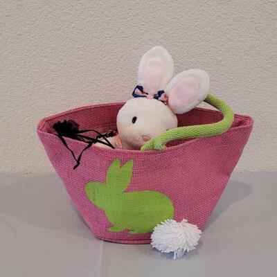 Lot 243: New Hallmark Bunny Purse Basket filled with Hallmark Bunny Earrings, Bunny Coin Purse, Lip Balm, Golden Egg with a Scarf and...