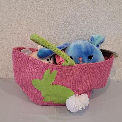 Lot 344: New Hallmark  Bunny Purse Bag with Duck Earrings, Lip Balm, Bunny Coin Purse, Gold Egg with Scarf & 2 Squishmallows