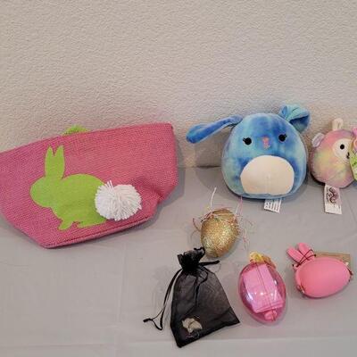 Lot 344: New Hallmark  Bunny Purse Bag with Duck Earrings, Lip Balm, Bunny Coin Purse, Gold Egg with Scarf & 2 Squishmallows