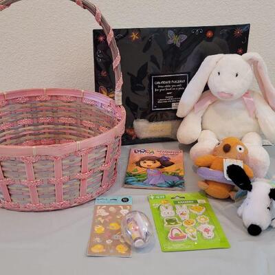 Lot 363: New Easter Basket with Chalkboard Placemat, Activity Pad, Erasers, Stickers, Lip Balm, Snoopy Bunny, Bath Sponge and White Plush...