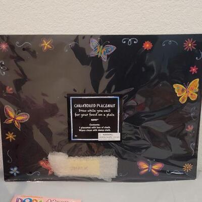 Lot 363: New Easter Basket with Chalkboard Placemat, Activity Pad, Erasers, Stickers, Lip Balm, Snoopy Bunny, Bath Sponge and White Plush...