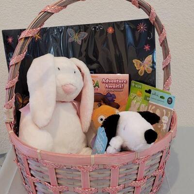 Lot 363: New Easter Basket with Chalkboard Placemat, Activity Pad, Erasers, Stickers, Lip Balm, Snoopy Bunny, Bath Sponge and White Plush...
