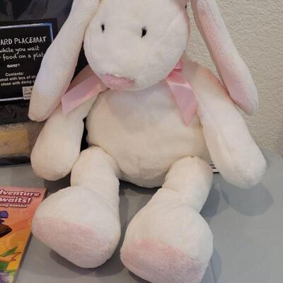 Lot 363: New Easter Basket with Chalkboard Placemat, Activity Pad, Erasers, Stickers, Lip Balm, Snoopy Bunny, Bath Sponge and White Plush...