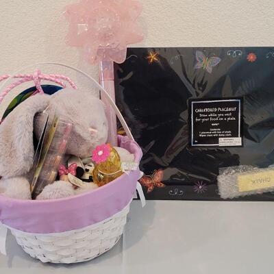 Lot 364: New Bunny with Easter Basket, Jump Rope, Chalkboard Placemat, Book, Light Up Wand, Lip Gloss Disney Princess Rings, Bubbles and...