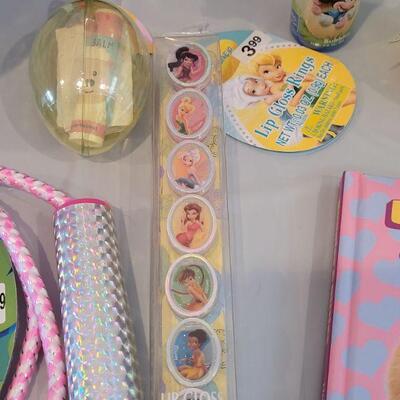 Lot 364: New Bunny with Easter Basket, Jump Rope, Chalkboard Placemat, Book, Light Up Wand, Lip Gloss Disney Princess Rings, Bubbles and...