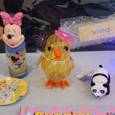 Lot 364: New Bunny with Easter Basket, Jump Rope, Chalkboard Placemat, Book, Light Up Wand, Lip Gloss Disney Princess Rings, Bubbles and...