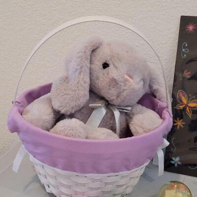 Lot 364: New Bunny with Easter Basket, Jump Rope, Chalkboard Placemat, Book, Light Up Wand, Lip Gloss Disney Princess Rings, Bubbles and...
