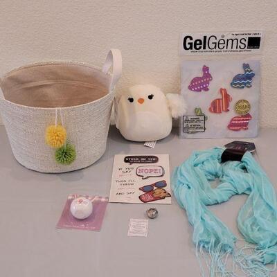 Lot 367: New Hallmark Easter Bucket with Stick On Patches, Scarf, Lip Balm, Squishmallow and Little Blessings Charm 