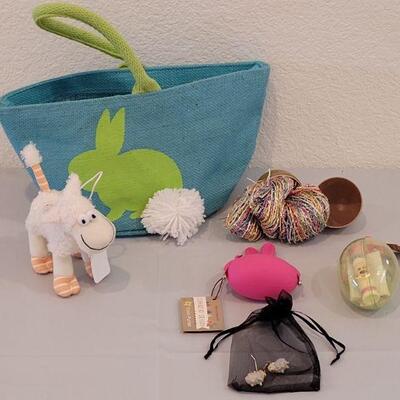 Lot 368: New Bunny Purse Easter Basket with Lamb Earrings, Bunny Coin Purse, Gold with Scarf Lip Balm and Small Plush Lamb