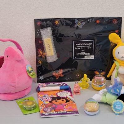 Lot 370: New Peeps Easter Bucket, Chalkboard Placemat, Activity Pad, YoYo, Sculpt n Soap, Bubbles, Flutterfly Snoopy and Hallmark Knit Bunny