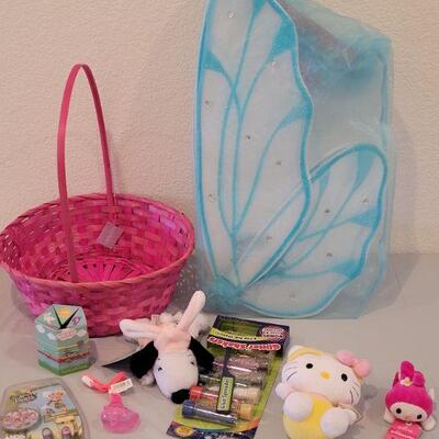 Lot 386: New Easter Basket with Dress Up Butterfly Wings, HELLO KITTY Slap Bracelet & Ty Beanie Baby Glitter Craft, Pop On Nails,...