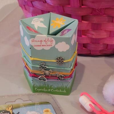 Lot 386: New Easter Basket with Dress Up Butterfly Wings, HELLO KITTY Slap Bracelet & Ty Beanie Baby Glitter Craft, Pop On Nails,...