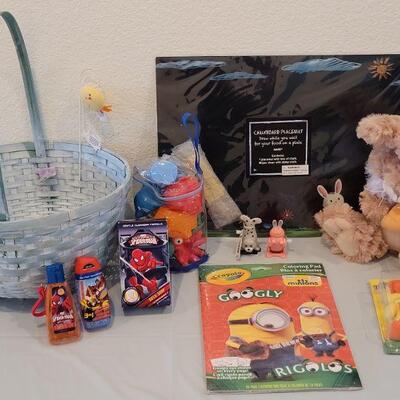 Lot 387: New Easter Basket with Ganz Bunny, Bath Toys, Spider-Man Bath Soap-Shampoo-Cleansing Gel, Pez, Activity Pad