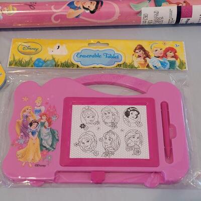 Lot 390: New Disney Princess Singing Book, Lip Gloss Rings, Erasable Tablet and Wrapping Paper 