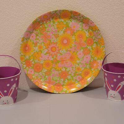 Lot 393: Vintage Spring Metal Tray and (2) Easter Buckets