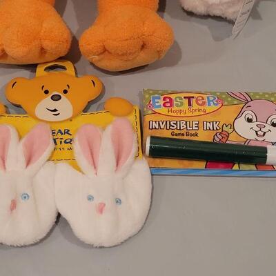 Lot 405: New Build a Bear Easter Basket with Chick and Bunny Slippers, Activities, Frog Slap Bracelet, Faux Rabbit's Foot and Card...