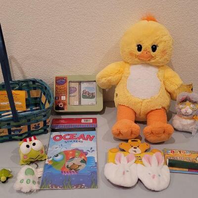 Lot 405: New Build a Bear Easter Basket with Chick and Bunny Slippers, Activities, Frog Slap Bracelet, Faux Rabbit's Foot and Card...