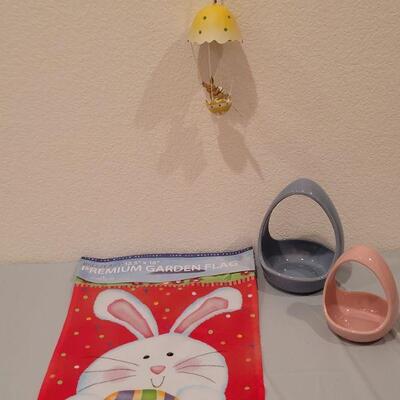 Lot 424: Hallmark Easter Bunny Garden Flag, (2) Easter Egg Candy Dishes and Hanging Bouncing Garden Bunny
