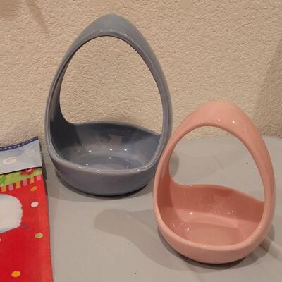 Lot 424: Hallmark Easter Bunny Garden Flag, (2) Easter Egg Candy Dishes and Hanging Bouncing Garden Bunny