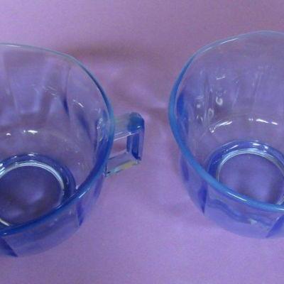Beautiful Blue Opalescent Glass 2 Lunch Plates, 2 Cups Unsigned Imperial Glass