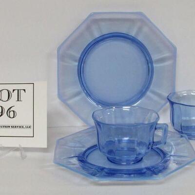 Beautiful Blue Opalescent Glass 2 Lunch Plates, 2 Cups Unsigned Imperial Glass