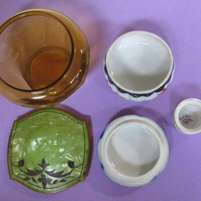 Vintage Vanity Lot, Celluloid Cover Dresser Box, Giesha Girl Trinket Box, Miniature Chamber Pot Goo Goo Eye