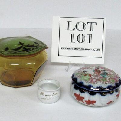 Vintage Vanity Lot, Celluloid Cover Dresser Box, Giesha Girl Trinket Box, Miniature Chamber Pot Goo Goo Eye