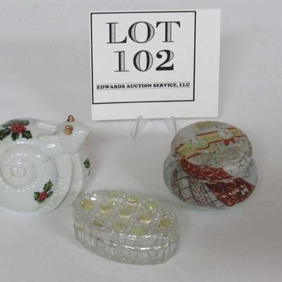 3 Vintage Vanity Items, Lefton Snail Trinket Box, Oriental Theme Trinket Box, Glass Cane Pattern Trinket Box