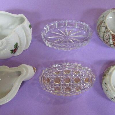 3 Vintage Vanity Items, Lefton Snail Trinket Box, Oriental Theme Trinket Box, Glass Cane Pattern Trinket Box