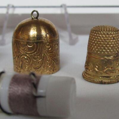 Vintage Fancy Brass Sewing Bullet with Brass Thimble and Thread Inside, Rare Metal Child's Thimble, & MOP Thread Winder