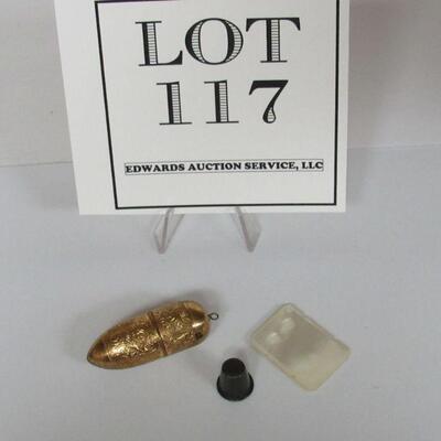 Vintage Fancy Brass Sewing Bullet with Brass Thimble and Thread Inside, Rare Metal Child's Thimble, & MOP Thread Winder