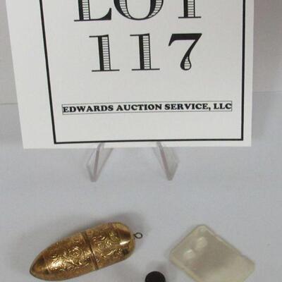 Vintage Fancy Brass Sewing Bullet with Brass Thimble and Thread Inside, Rare Metal Child's Thimble, & MOP Thread Winder