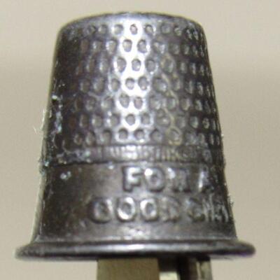 Vintage Fancy Brass Sewing Bullet with Brass Thimble and Thread Inside, Rare Metal Child's Thimble, & MOP Thread Winder