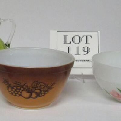 Pyrex Old Orchard Mixing Bowl, Fire King Dogwood Mixing Bowl, Green Crackle Glass Pitcher