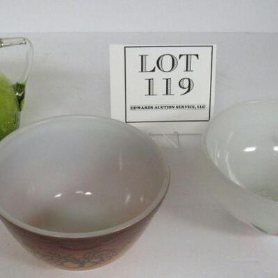 Pyrex Old Orchard Mixing Bowl, Fire King Dogwood Mixing Bowl, Green Crackle Glass Pitcher