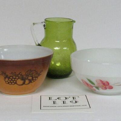 Pyrex Old Orchard Mixing Bowl, Fire King Dogwood Mixing Bowl, Green Crackle Glass Pitcher