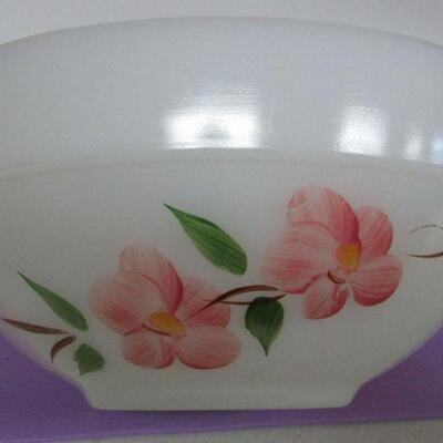 Pyrex Old Orchard Mixing Bowl, Fire King Dogwood Mixing Bowl, Green Crackle Glass Pitcher