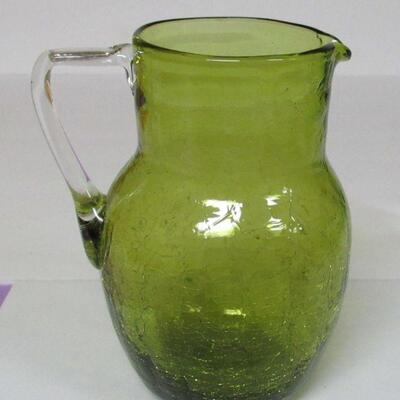 Pyrex Old Orchard Mixing Bowl, Fire King Dogwood Mixing Bowl, Green Crackle Glass Pitcher