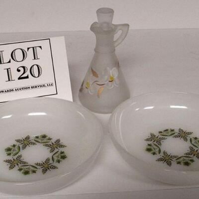 2 Anchor Hocking Green Meadow Soup Bowls, Hazel Atlas MCM Frosted Cruet Original Stopper