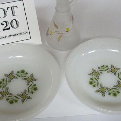 2 Anchor Hocking Green Meadow Soup Bowls, Hazel Atlas MCM Frosted Cruet Original Stopper