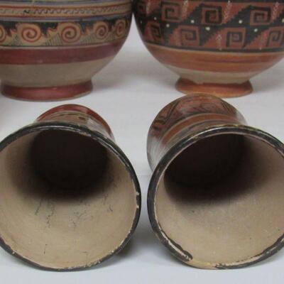 Unusual Wine or Water Bottles With Matching Tumblers, One Signed Timoteo Solis (El Salvadore)