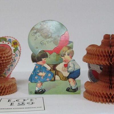 3 Antique Valentines, 2 Fold Out Honeycomb, 1 Mechanical Flat
