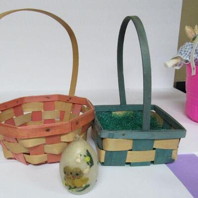 Lot of Fun Easter Stuff, Nice Blow Mold Candy Basket, 2 Vintage Japan Baskets, Vintage Wax Egg, 2 Modern Tin Eggs, Bunny Doll, More