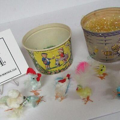Vintage Easter Lot, 2 Old Wax Buckets, Older and Newer Chenille Chick and Roosters