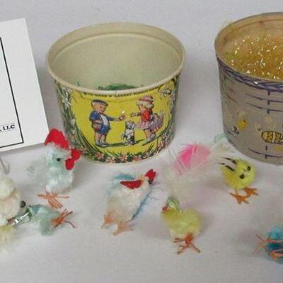 Vintage Easter Lot, 2 Old Wax Buckets, Older and Newer Chenille Chick and Roosters