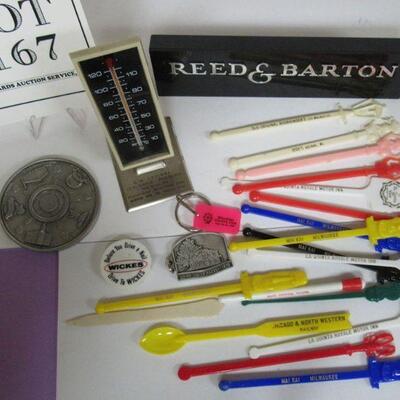 Lot of Advertising and Junk Drawer Smalls, Swizzle Sticks