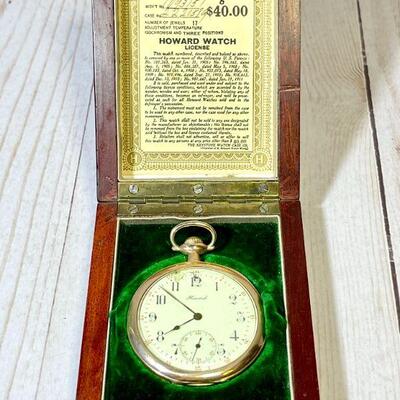 Lot 41 Antique 1911 Howard Pocket Watch Original Case 17 Jewels Monogram Gold Filled