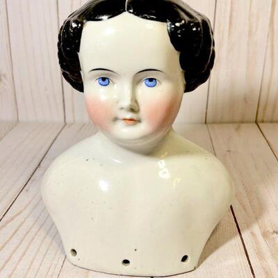 Lot 46 China Doll High Brow Black Hair Curls w/cloth Body Porcelain Hands & Feet Blue Eyes AS IS 